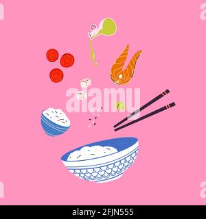 Reis mit traditionellen Zutaten. Asiatische Küche. Stock Vektor