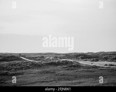 Holländische Dünenlandschaft in schwarz-weiß auf Ameland, einer der Wattenmeerinseln im Norden der Niederlande Stockfoto