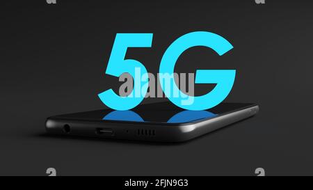 Konzeption der 5 G Mobilfunknetztechnologie, fünfte Generation. 5 g Text auf einem Handy auf dunklem Hintergrund. Dreidimensionales Design. Stockfoto