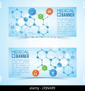 Zwei horizontale medizinische Bannersammlung mit Symbolen und Zeichen, medizinischen Kapseln und atomaren Strukturen, die Leben und Gesundheit auf dem blauen Bac symbolisieren Stock Vektor