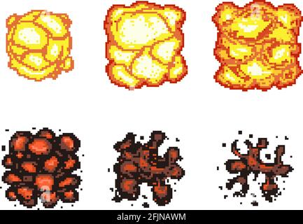 Videospiel Explosion Animation in Pixel Art. Explosion Animation Frames. Pixel Explosion, Bombe Boom Art Pixel, Flamme Animation Pixel Art. Vektor illus Stock Vektor