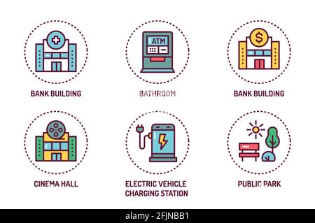 Symbole für die Farblinie der öffentlichen Dienste eingestellt. Isoliertes Vektorelement. Skizzieren Sie Piktogramme für Webseite, mobile App, Werbung. Stock Vektor