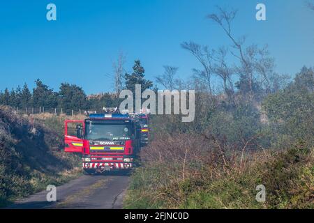 Shiplake, Dunmanway, West Cork, Irland. April 2021. Feuerwehrmannschaften kämpften heute Nachmittag in Shiplake, etwas außerhalb von Dunmanway in West Cork, gegen einen erheblichen Gorse-Brand. Crews aus Dunmanway, Clonakilty und Bantry wurden zusammen mit einem Hubschrauber des irischen Luftkorps zur Bekämpfung des Feuers gerufen. Quelle: AG News/Alamy Live News Stockfoto