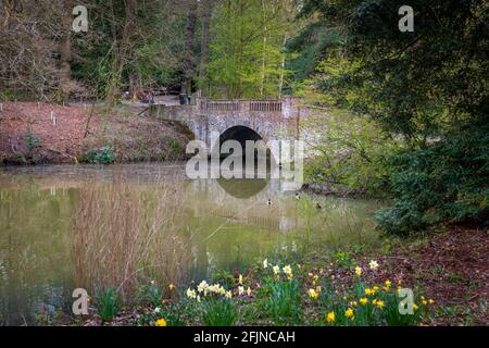 Eine Landschaft einer Steinbrücke, die sich über einen Teich am Wald spannt. Stockfoto