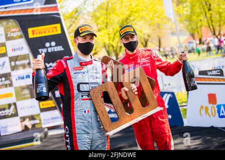 Zagreb, Kroatien. April 2021. Rossel Yohan (Fra), Coria Alexandre (Fra), CROEN C3, Podium, Portrait während der Rallye Kroatien 2021, 3. Runde der 2021 FIA WRC, FIA Rallye-Weltmeisterschaft, vom 22. Bis 25. April 2021 in Zagreb, Kroatien - Foto Bastien Roux / DPPI Credit: DPPI Media/Alamy Live News Stockfoto