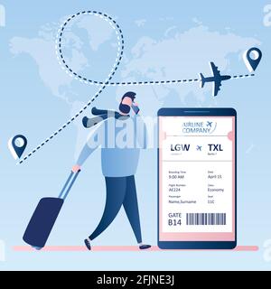 Männlicher Hipster-Reisender mit Koffer und Smartphone, Online-Check-in, Bordkarte der Fluggesellschaft Ticket mit Barcode auf Handy-Bildschirm, Vector illus Stock Vektor