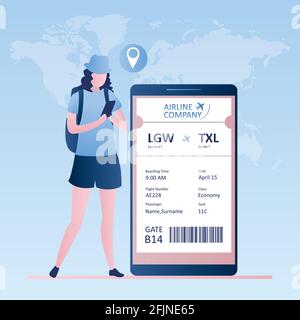 Weibliche Reisende mit Smartphone, Online-Check-in, Bordkarte der Fluggesellschaft mit Barcode Code.Vektor-Illustration im trendigen Stil Stock Vektor