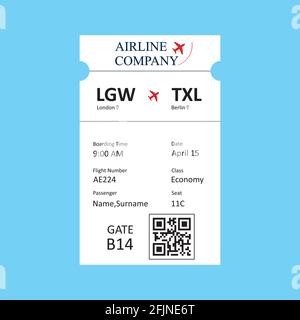 Bordkarte der Fluggesellschaft, Ticketvorlage mit QR-Code.isoliert auf blauem Hintergrund.flache Vektorgrafik Stock Vektor