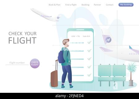 Hipster männlich mit Rucksack und Koffer, großes Smartphone mit Online-Check-in Auf dem Bildschirm, im Flughafeninneren mit Möbeln und einem Mann-Reisenden-Charakter, trav Stock Vektor