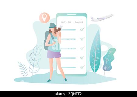 Nette Frau mit Rucksack und Smartphone, großes Handy mit Online-Check-in, trendy einfachen Stil, flache Vektor-Illustration Stock Vektor