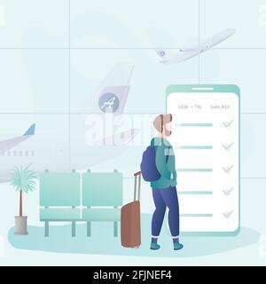 Hipster männlich mit Rucksack und Koffer, großes Smartphone mit Online-Check-in Auf dem Bildschirm, im Flughafeninneren mit Möbeln und einem Mann-Reisenden-Charakter, trav Stock Vektor