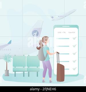Hipster weiblich mit Rucksack und Koffer, großes Smartphone mit Online-Check-in Auf dem Bildschirm, im Flughafeninneren mit Möbeln und einem Charakter für Reisende Mädchen, t Stock Vektor