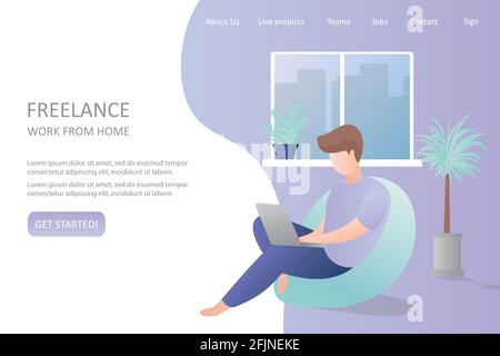 Männliche Hipster Freiberufler zu Hause oder im Büro, komfortabler Arbeitsplatz, Banner-Vorlage über Freiberufliche, flache Vektorgrafik Stock Vektor