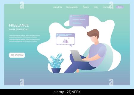 Männliche Hipster Freiberufler zu Hause oder im Büro, komfortabler Arbeitsplatz, Banner-Vorlage über freiberufliche, flache Vektor-Illustration. Stock Vektor