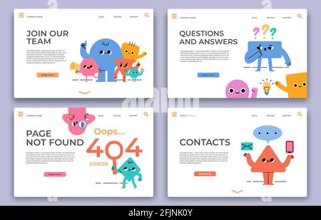 Zielwebseiten. Treten Sie unserem Team, Einstellung, QA Online-Support-Service, 404 Fehler und Kontakt-Website-Seite mit abstrakten Zeichen Vektor-Set Stock Vektor
