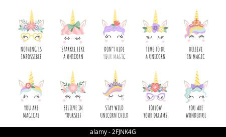 Unicorn-Zitate. Magisches Feenpferd mit Horngesichtern und motivierender Phrase. Girl Print mit Slogan follow your dreams and believe Vektor-Set Stock Vektor