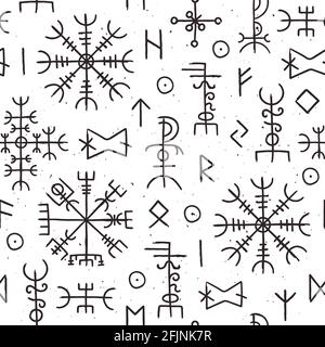 Futhark Runen Nahtloses Muster. Nordisches wikinger-Symbol mit okkulten Symbolen. Island esoterische und magische alte Runenzeichen. Uralte nordische Vektorstruktur Stock Vektor