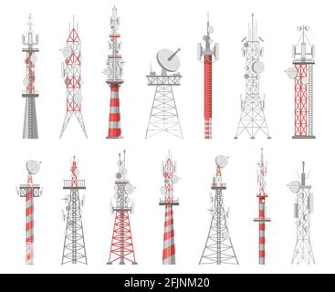 Wireless-Tower. Telekommunikations-Netzwerk-Tower. Mobile und Funk-Airwave-Verbindungssysteme. Vektorset für Satellitenantennen für Kommunikation Stock Vektor