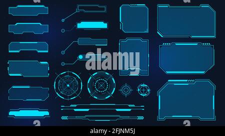Futuristische Rahmen. Cyberpunk HUD quadratischer Bildschirm, Legende, Titel und Radar. Digitale Info-Box und Sci Fi-UI-Panel. Vektorsatz der virtuellen Schnittstelle Stock Vektor