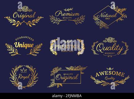 Goldene Ornamentetiketten. Luxuriöse Blumenabzeichen und Logo mit Blatt, Blumen und Krone. Vintage Gold Royal Premium blüht Element Vektor-Set Stock Vektor