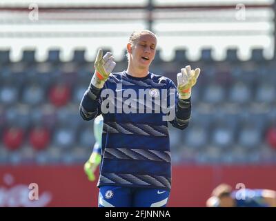 München, Deutschland. April 2021. Ann-Katrin Berger (FC Chelsea 30) beim Aufwärmtraining während des UEFA Womens Champions League-Spiels zwischen dem FC Bayern München und dem FC Chelsea in München, FC Bayern Campus, Deutschland. Kredit: SPP Sport Pressefoto. /Alamy Live News Stockfoto