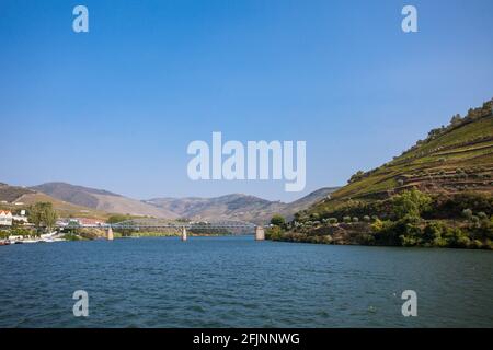 Flusskreuzfahrt entlang des Douro-Flusses, der durch die wunderschöne portugiesische Landschaft des Douro-Tals im Norden Portugals fließt. Stockfoto