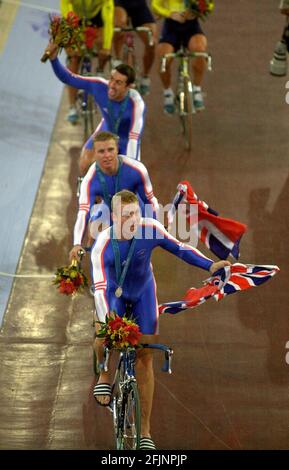 Olympische Spiele in Sydney September 2000 Olympischer Sprint der Herren, Jason Queally, Craig Maclean und Chris Hoy Stockfoto