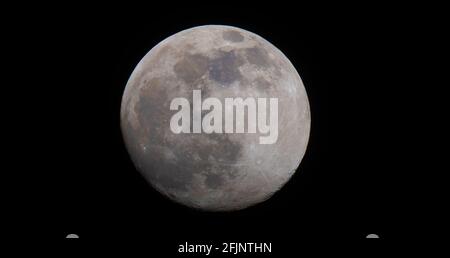 London, Großbritannien. 25. April 2021. 96% erleuchteter, wachender, wuchtiger Mond gegen schwarzen Himmel am späten Abend im Sternbild Jungfrau. Der nächste Vollmond aus Großbritannien ist am 27. April 2021 um 4,31 Uhr, bekannt als Pink Moon. Dieses Bild ist farblich verstärkt, um die blauen und orange/braunen Farben auf der Mondoberfläche hervorzuheben, die Titan im Boden (blau) und Eisen (orange/braun) anzeigen. Quelle: Malcolm Park/Alamy Live News. Stockfoto