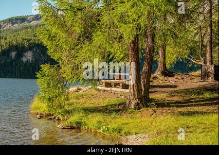 Schöner Grillplatz am See auf der Chaste Peninsula am Sils-See im Sommer, Oberengadin, Schweiz Stockfoto