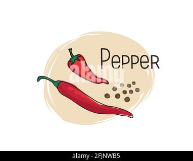 Pfeffer-Symbol. Halb- und voller Gewürzpfeffer isoliert auf weißem Hintergrund mit Schriftzug Chilli Pepper Vegetable stilvoll gezeichnetes Symbol Pfeffer Stock Vektor