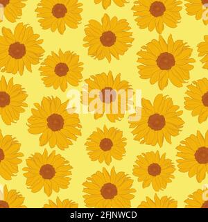 Vektor nahtlose Muster von Sonnenblumen auf hellgelben Hintergrund. Digitale Kunst. Dekorativer Druck für Tapeten, Verpackungen, Textilien, Modestoffe oder andere bedruckbare Deckblätter. Stock Vektor