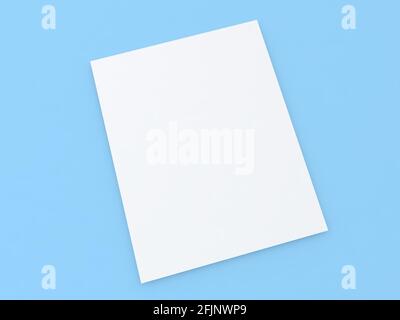 A4-Blatt Büropapier auf blauem Hintergrund. 3d-Renderdarstellung. Stockfoto