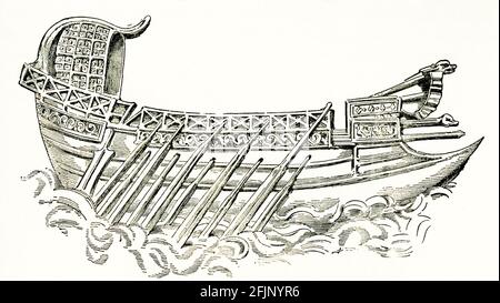 Die Bildunterschrift für diese Illustration von 1884 lautet: „Bireme nannte Imperial Galley von Trajans Säule.“ Ausgestattet mit zwei Rudern, Das antike römische Kriegsschiff, das die gebräuchlichste Bezeichnung für den Begriff „bireme“ ist, hatte auf jeder Seite zwei Reihen Ruder, die diagonal übereinander angeordnet waren, wie im Beispiel hier aus der Trajanssäule in Rom (errichtet 106-113 n. Chr.) - die Bireme, die Imperial Galley genannt wird. Stockfoto