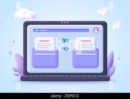 Dateiübertragungskonzept. Zwei Ordner mit Dokument- und Dateiübertragung. 3d-Vektordarstellung. Stock Vektor