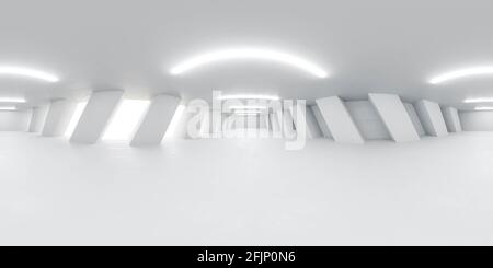 Volle 360 sphärische Panoramaansicht der großen abstrakten futuristischen Halle 3D-Darstellung des offenen Gebäudes im Untergeschoss Stockfoto