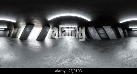 Vollständige 360-Grad-Rundpanorama-Ansicht des Industriestandortes Beton Abstraktes Gebäude Interieur 3d Rendering Illustration hdr hdri vr style Stockfoto