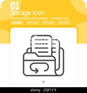 Pfeil mit Speichersymbol, dessen Umrissstil auf weißem Hintergrund isoliert ist. Vektor Illustration E-Mail Linie Stil Element dünne Zeichen Symbol Symbol, das kann Stock Vektor