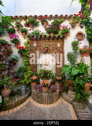 Brunnen im Innenhof mit Blumen geschmückt, Geranien in Blumentöpfen an der Hauswand, Fiesta de los Patios, Cordoba, Andalusien, Spanien Stockfoto