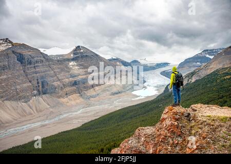 Wanderer, der auf Felsen steht und das Tal mit Gletscherzunge überblickt, Parker Ridge, Saskatchewan Glacier, Athabasca Glacier, Jasper National Park National Stockfoto