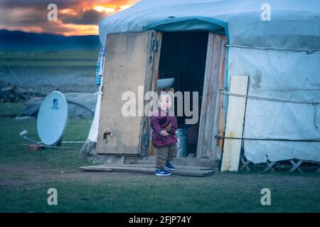 Nomad Kind im Sommerlager, Provinz Zavkhan, Mongolei Stockfoto