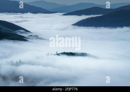 Nebel im Tal des Flusses Orkhon am Morgen, Provinz Archangai, Mongolei Stockfoto