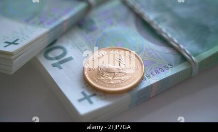 Glänzende Investitionsmünze, die auf einem Paket von 100 polnischen Zloty-Banknoten liegt. Hochwertige Fotos Stockfoto