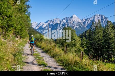 Radler auf Radtour mit Mountainbike, auf dem Radweg Via Claudia Augusta, hinter Ehrwalder Sonnenspitze, Ehrwalder Becken, bei Ehrwald, Tirol Stockfoto