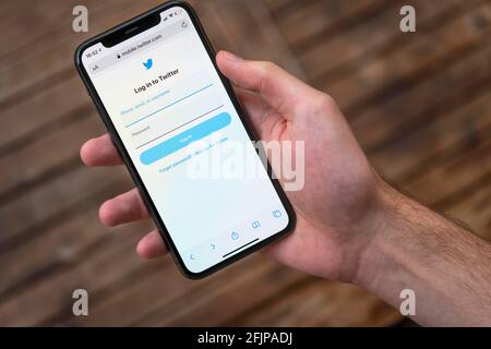 Hand haelt iPhone 11 Pro mit geoeffneter Twitter Website, Login, Soziales Netzwerk, Logo, Smartphone Stockfoto