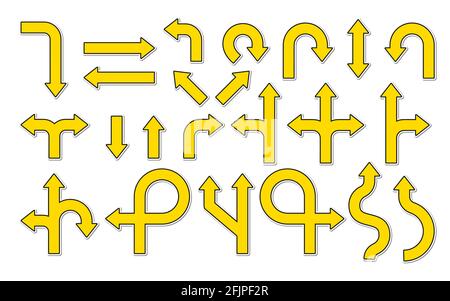 Flaches gelbes Papier Straßenschild Aufkleber mit Schatten, Set. Symbole für Beschriftung, Navigation oder Richtung. Abgerundete Pfeile. Verschiedene Zeiger, Verkehrskehrtwende, Verzweigung, Doppelcursor. Isolierte Vektordarstellung Stock Vektor