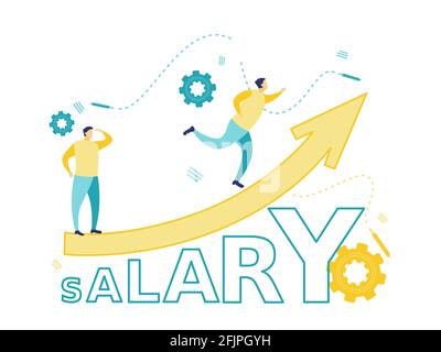 Flache Illustration von zwei Geschäftsmann, die auf dem Pfeil-Diagramm stehen. Konzept der Gehaltserhöhung mit Geschäftsmann. Geschäfts- und Finanzkonzepte. Stock Vektor