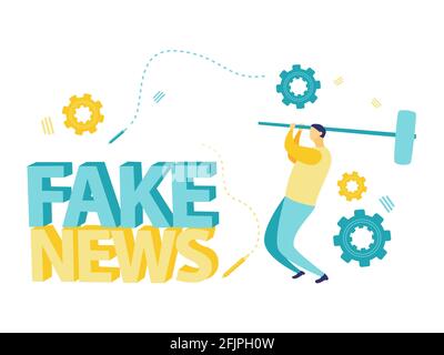 Flache Illustration eines Geschäftsmannes, der einen Hammer hält, um Fake News zu zerstören. Fake News Konzept in Information Manipulation Konzept. Geschäftskonzept. Stock Vektor