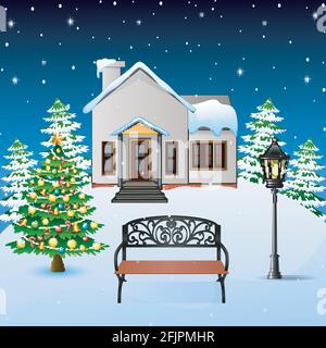 Winter Nacht Hintergrund mit weihnachtsbäumen, Straßenlaterne und Bank vor verschneiten Haus Stock Vektor