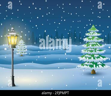Vektor-Illustration von Winter Nacht Hintergrund mit Kiefern und Straßenlaterne Stock Vektor