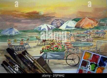 Handgemalte Original-Impressionismus Meisterwerke Maler Aquarell Malerei Kunstklasse, Liegestühle am Meer Stockfoto